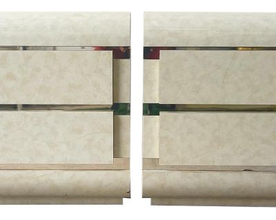 Postmodern Faux Goatskin Laminate Waterfall Nightstands With Gold Panelling - a Pair