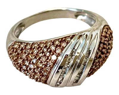 Contemporary Diamond and White Gold Dome Ring With Clear and Brown Diamonds