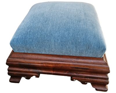 Mid 19th Century Flame Mahogany Empire Footstool Coastal Blue Velvet