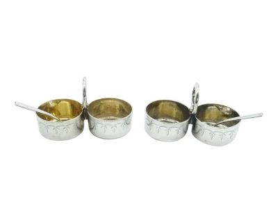 1930s Christofle Silverplate & Gilt Wash Double Salt Pepper With Salt Spoons- 4 Pieces