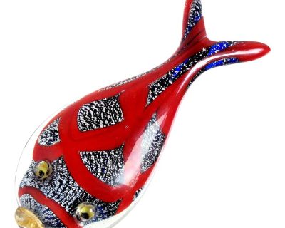 Vintage Murano Blue Red Gold Silver Flecks Italian Art Glass Fish Figurine Paperweight Sculpture