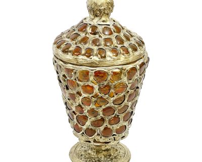 Ultra Mid Century Large Amber Art Glass and Silver Resin Lidded Jar