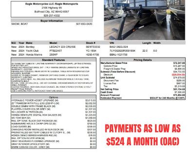 2024 Bentley Pontoons 223 CRUISE WITH  YACHT CLUB TRAILER AND 250 HONDA
