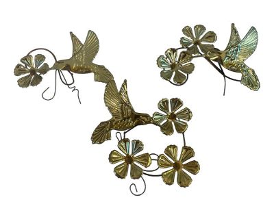 Mid Century Brutalist Metal Hummingbird and Flower Wall Art - Set of 3