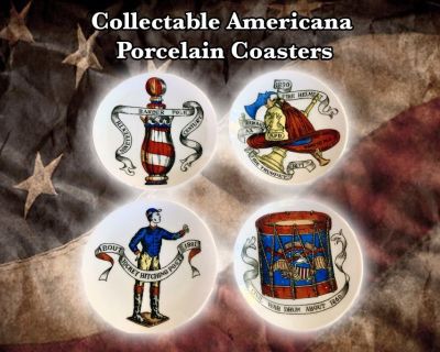 Vintage Italian FORNASETTI Set OF 4 Porcelain Coasters in Americana Motif -$20 OFF-  NOW $80