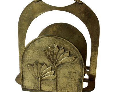 Brutalist Heavy Weight Brass Magazine Rack With Floral Motifs, Vintage From the 1970s