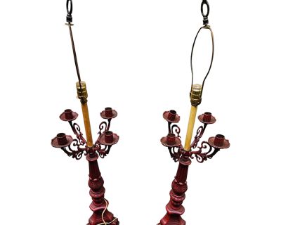 Pieri Tullio Mid-Century Modern Red Candelabra Lamps - a Pair