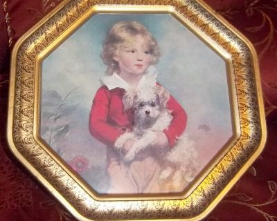 Vintage 12" decorative tin octagon picture of a little boy and his dog