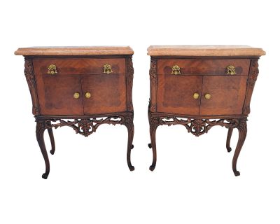 Antique 1910s Pair Italian Burl Walnut Marble Top Carved Nightstands End Tables