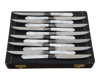 Antique William Adams Sterling Mother of Pearl Fruit Knives Knife & Box- Set of 12