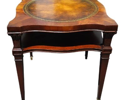 Mid Century Weiman Mahogany and Tooled Leather Top Two-Tier Side Table