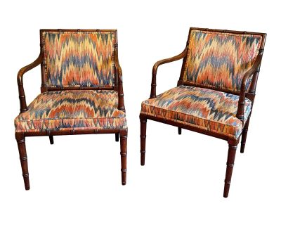 Early 20th Century Chippendale Faux Bamboo Arm Chairs Flame Ikat - Set of 2