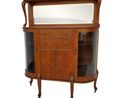 Antique Mission Solid Tiger Oak China Cabinet / Server With Mirror & Bowed Glass Display Circa 1910s