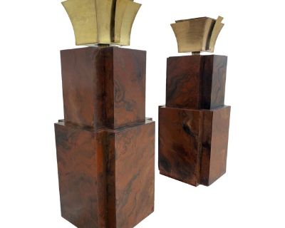1980s Hollywood Art Deco Style Wood & Brass 9' Tall Torchiere Floor Lamp, Pair