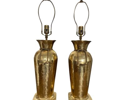 Mid 20th Century Frederick Cooper Style 28” Brass Rope and Tassel Lamps, a Pair