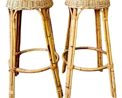 Pair of Vintage Bamboo & Wicker Counter Stools – Effortless Coastal Vibe
