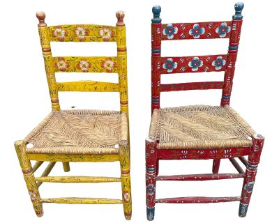 1940s Vintage Folk Art Hand Painted Dining Chairs - a Pair