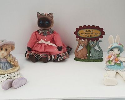 Collection of Bunny Rabbit Dolls, Cat Doll and Cat Figurine