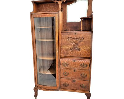Antique 1900s American Tiger Oak Side by Side Bowed Glass Bookcase or China Cabinet