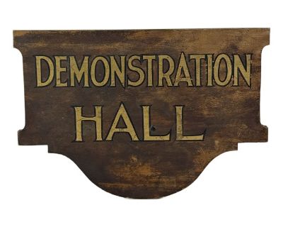 Mid 20th Century 'Demonstration Hall' Vintage Double Sided Court House Wooden Sign With Gilt Font