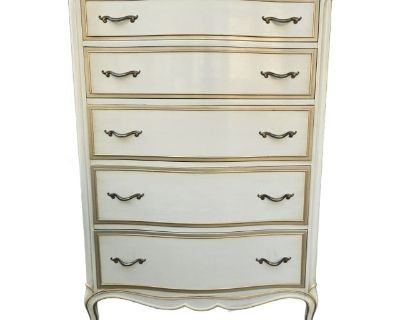 Mid 20th Century Drexel Provincial Serpentine Mahogany Partial Gilt and Cream Chest of Drawers