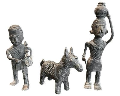 Indian Miniature Bronze Dhokra Figures- a Set of 3