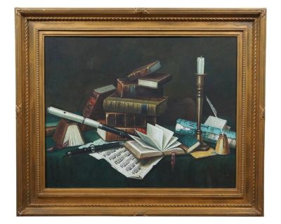 Music & Literature Still Life Oil Painting After William Michael Harnett 38"