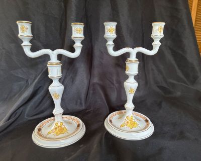 Pair of Herend Yellow Chinese Bouquet Double Light Candlesticks