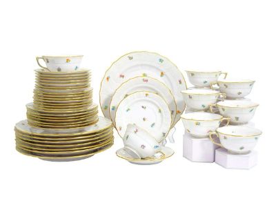 1980s Herend "Kimberly" China Service for 8 40 Piece Hand-Painted Fine China With Gold Trim