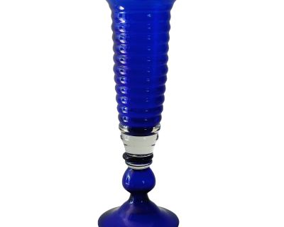 Antique Mouth Blown Ribbed Glass Vase in Cobalt Blue and Black