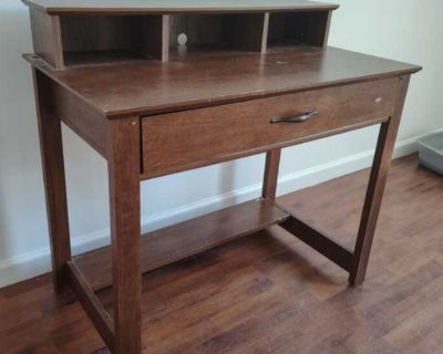 Wooden desk with drawer. Nice desk, a little bit scratched up, but still useable. Pick up only.