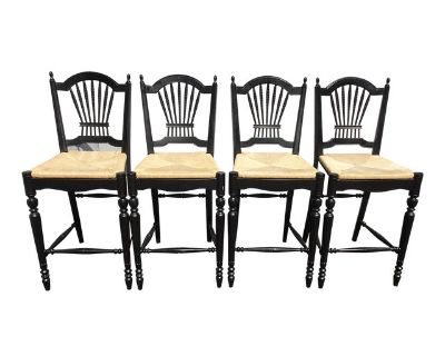 Set of Four Black Ethan Allen Rush Barstools Bar Stools ~ French Country