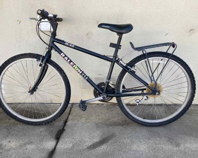 Black Raleigh 18-speed bike with trail rack and open top "grocery" panniers (panniers not shown). Great for knockin' around town, running an errand, n'such. We think it's an 18" or shorter frame (rider was 5'3" woman). Will need tune-up, possibly new chain for sure. Has a receiver for a Kryptonite bar lock (on seat post beneath seat in pic). Check out the pictures at: