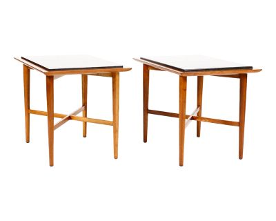 1950s Mid Century Vintage Side End Tables — Fine Art Furniture Co — Cherry Frame + Slate — Pair