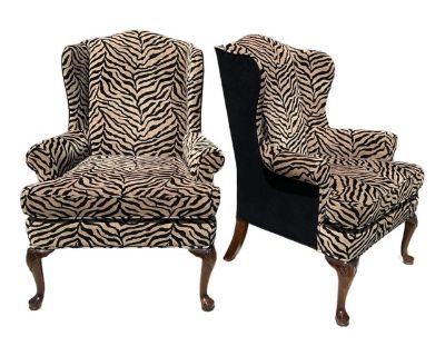 Pair of Bespoke Animal Print Chenille Queen Anne Wingback Chairs – Hollywood Regency