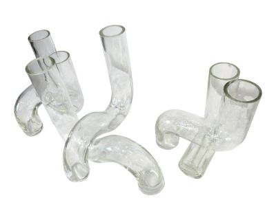A set of six handcrafted clear thick glass vases that can be put together like a puzzle making a stunning unique center piece. Manufactured during the mid-century period and would make a statement on any dining table or credenza.. Dimensions 24 W 22.5 D 10.5 H Styles Mid-Century Modern Styled After Blenko Period Mid 20th Century Item Type Vintage, Antique or Pre-owned Shop Sustainably with Chai...