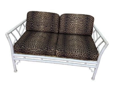 Mid 20th Century Vintage Faux Bamboo Iron Chinoiserie Loveseat Settee With Leopard Print Cushions