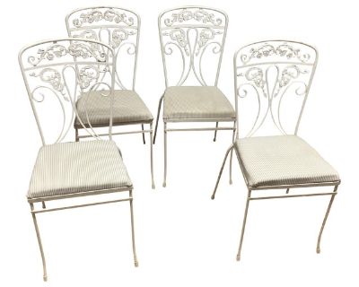 4 Wrought Iron Garden Chairs Set Floral Vine Intricate W Wood Insert Cushions