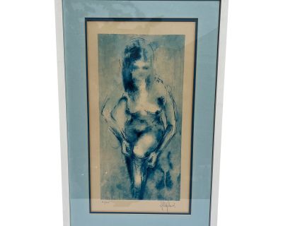 Vintage 1960s Expressionist Blue Nude Lithograph, Signed and Numbered
