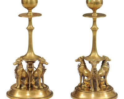 French 19th Century Bronze Candlesticks Decorated with Greyhound Dogs - A Pair