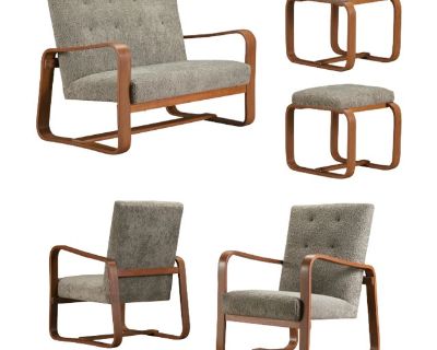 This rare five-piece (5) living room suite by Giuseppi Pagano, designed in 1939 for Bocconi University in Milan, is comprised of two oak bentwood upholstered open armchairs with ottomans and a settee. This set was recently restored, the oak bentwood frames still exhibit their 80 years of age in a beautiful fashion - just look at the old original screws - zoom in and see the gorgeous details tha...