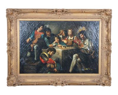 Mid 20th Century Concert With a Bas-Relief After Valentin De Boulogne French Oil Painting Framed