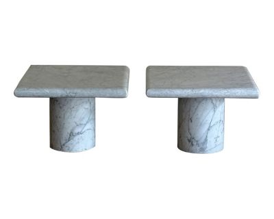 22 W x 18 H Square tops with cylindrical bases. Excellent vintage condition. Sold as a pair.. Dimensions 22 W 22 D 18 H Styles Mid-Century Modern Postmodern Table Shape Square Designer Maurice Villency Period 1980s Country of Origin Italy Item Type Vintage, Antique or Pre-owned Shop Sustainably with Chairish Materials Carrara Marble Condition Good Condition, Original Condition Unaltered, Some I...