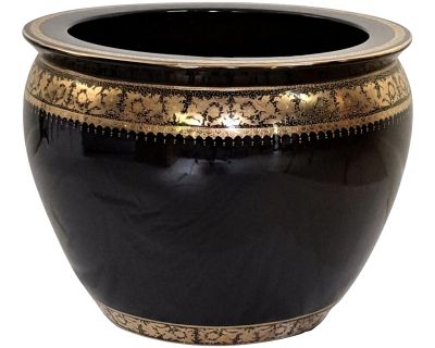 Vintage Chinese Porcelain Fishbowl Pot Planter Black with Double Gilt Trim