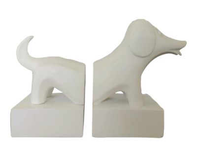 1990s Jonathan Adler Dachshund Dog White Stoneware Bookends- a Pair