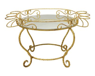Mid 20th Century Vintage Italian Hollywood Regency Iron Gold Rope Coffee Table Round Mirror Top