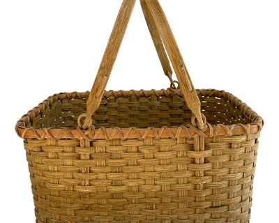 Mid 20th Century Vintage Woven Splint Basket With Swing Handle