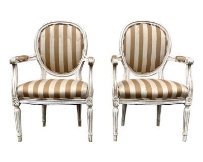 Antique French Louis XVI Style Painted Fauteuil Armchairs - a Pair