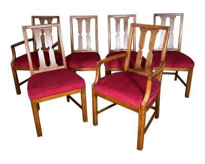 Set of 6 Mid Century Modern Walnut Chairs With Red Seats by Henredon