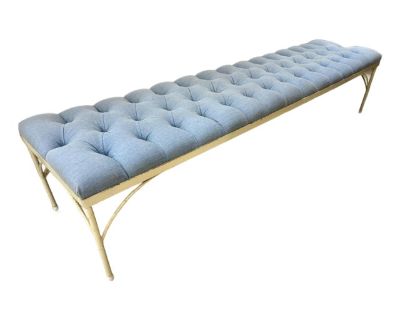 Vintage mid-century long bench, featuring an wrought iron frame and a beautifully tufted sky blue cushion. The streamlined silhouette and airy design make it a versatile fit for entryways, bedrooms, dining rooms, or at the foot of the bed. The iron base boasts subtle curves and a soft, naturally distressed finish, while the plush button-tufted upholstery adds comfort.. Dimensions 72 W 18 D 16 H...